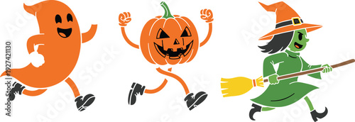 Halloween vector illustration set featuring a running orange ghost, a pumpkin character, and a cute witch with a broomstick mascot.