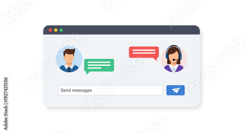 Online customer support interface illustrating communication and assistance