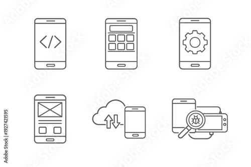 Mobile app development outline icon set. Monochrome editable stroke vector collection isolated on transparent background for software and UI design.