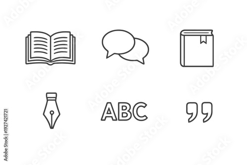 Languages subject linear icon pack focused on reading, writing and communication skills. Monochromatic vector set ideal for school platforms and study materials.