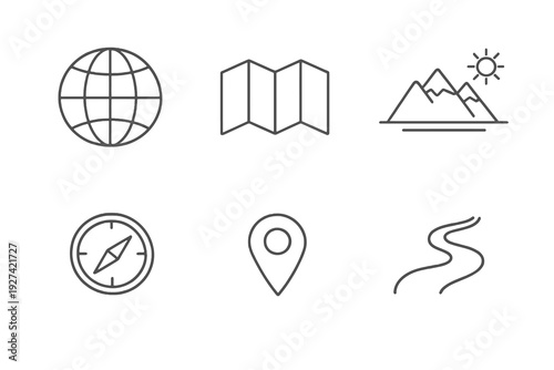 Geography subject linear icon pack focused on maps, landforms and navigation. Monochromatic vector set ideal for school platforms and study materials.