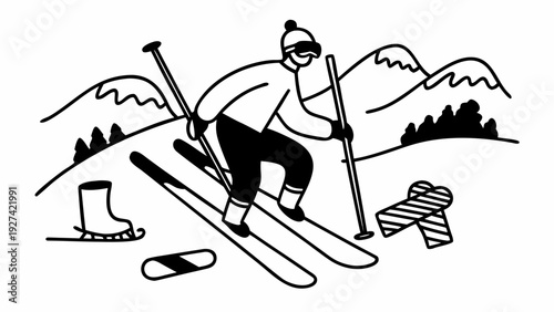 Skier in action on snowy mountain with ski gear