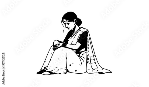Sad Indian woman sitting on ground cartoon vector illustration in traditional saree isolated on white