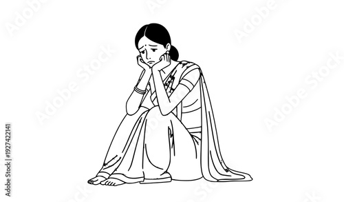 Emotional Indian woman in saree sitting sadly on ground hand drawn vector illustration isolated on white