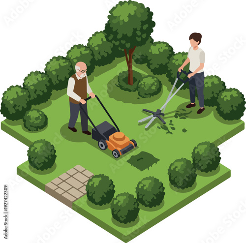 Isometric Gardeners Mowing Lawn and Trimming Bushes in Green Yard