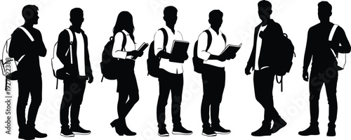 Silhouette of Diverse University Students Group Carrying Backpacks and Books Standing Together for Education Career Development and Higher Learning Concepts