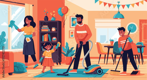 Happy Family Cleaning House Together to Prepare for New Year Celebration