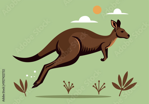 Jumping Kangaroo Minimalist Flat Design Vector Illustration on Light Green Background