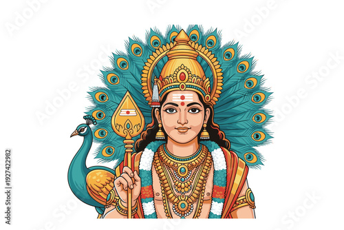 Hindu Lord Shiva Illustration with Trident and Peacock – Colorful Vector Art
