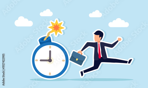 Businessman Running Away from Clock Shaped Bomb Illustration of Accelerating Business Progress Due to Deadline Pressure
