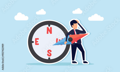 Confused Businessman Holding Compass Needle Illustration of Lost Business Direction and Stagnant Growth