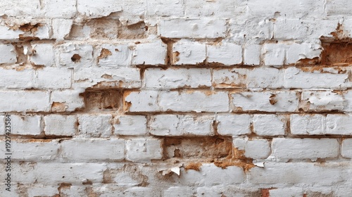Weathered White Brick Wall with Peeling Paint and Visible Textures Revealing Age and History in a Rustic Urban Setting for Background Use