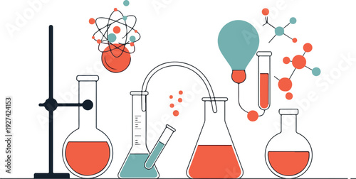 Laboratory Science Experiment With Beakers Flasks Molecules White Background