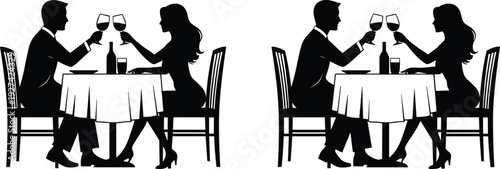 Romantic couple silhouette dining together, wine glass toast, elegant dinner date illustration, love celebration concept, restaurant icon, relationship vector art