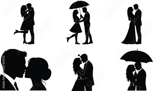 Romantic couple silhouettes kissing and embracing, umbrella love scene illustration, intimacy vector art, relationship affection concept, passion symbol design for romance