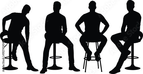Silhouette people sitting on stools, different postures, ergonomic seating positions, human body language, casual sitting poses, design study, communication concept illustration