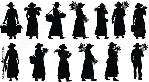 Traditional farmer silhouettes carrying baskets, agricultural labor poses, rural lifestyle illustration, harvest concept, food production design, farming attire, countryside work depiction