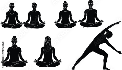 Yoga silhouettes in meditation and stretching poses, mindfulness practice, wellness lifestyle, spiritual balance, fitness exercise, healthy living, relaxation, peaceful harmony illustration