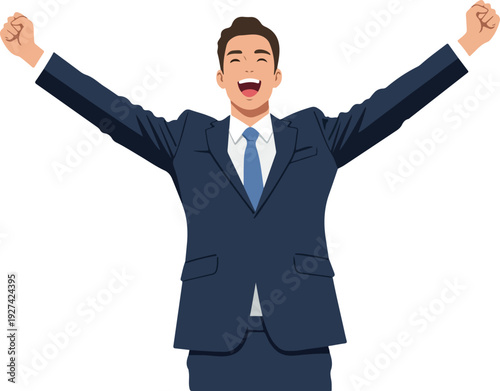 Man In Dark Suit Celebrates Success Arms Raised White Background