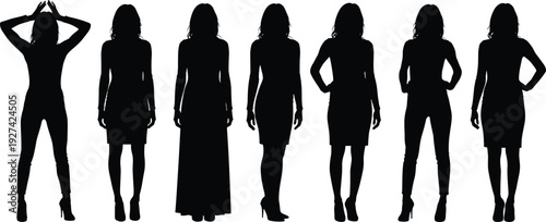 Fashion silhouettes collection, women in dresses, stylish poses, clothing icons, body posture illustration, elegant design, female figure art, black vector fashion shapes