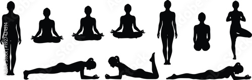 Female yoga silhouette set, woman practicing meditation and fitness poses isolated on white background, healthy lifestyle and wellness concept vector illustration