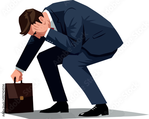 Man In Suit Holds Briefcase Head In Hands Stressful Situation White Background