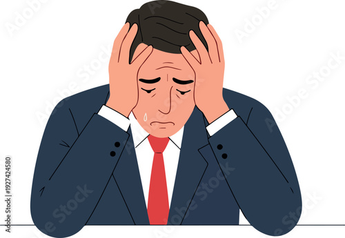 Man In Suit Holding Head In Stress Flat Design Isolated On White Background