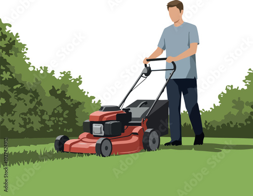 Man Mowing Lawn With Red Mower On Green Grass White Background