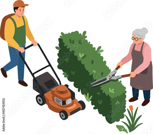 Man Mowing Lawn Woman Trimming Hedge Flat Design Garden Work