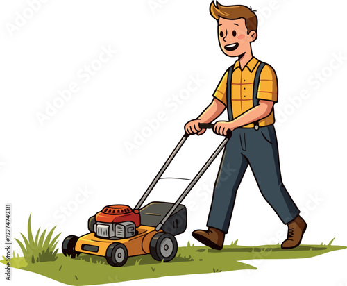 Man Mowing Lawn With Yellow Push Mower Green Grass Outdoors Sunny Day