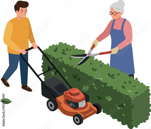 Man Mows Lawn While Woman Prunes Bush Flat Illustration