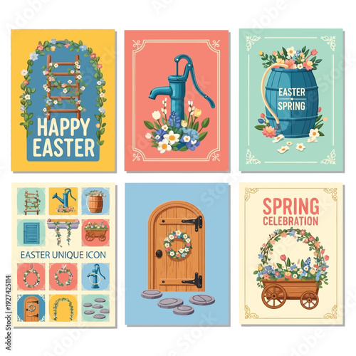 Collection of six charming Easter and Spring themed greeting cards featuring floral decorations, vintage water pumps, ladders, and garden elements.