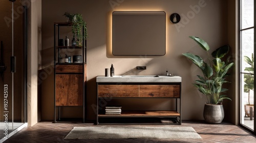 Modern brown bathroom vanity with LED strip, mirror and sink