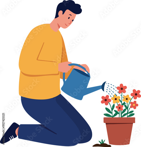 Man Watering Flowers Flat Design