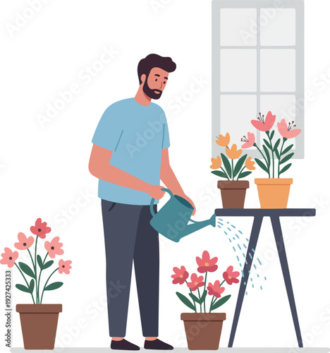 Man Watering Pink Flowers Flat Design Minimalist Illustration
