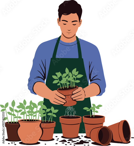 Man Watering Small Plants In Terracotta Pots Flat Design Vector
