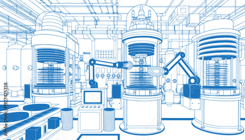 Semiconductor Fabrication Plant Interior with Advanced Machines, Electronics Manufacturing Factory, Clean Technical Outline, Industrial Vector Line Illustration, Microchip Production Facility