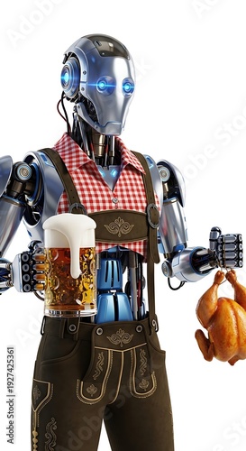 A robot in traditional clothing holding beer and turkey