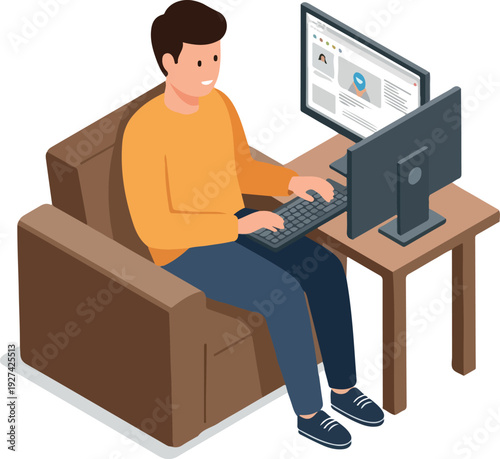 Man Working on Computer Sitting on Sofa