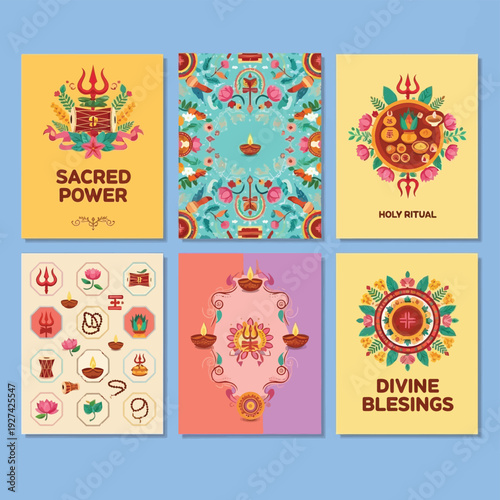 Collection of six colorful greeting cards featuring Hindu religious symbols and motifs, celebrating sacred power, holy rituals, and divine blessings.