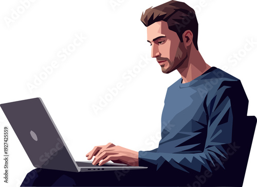 Man Working On Laptop Blue Shirt Focused Digital Art