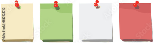 Four colored sticky notes pinned on a wall in a row from a straightforward viewpoint