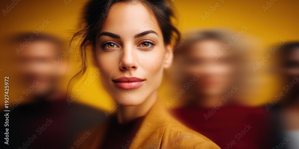 Fototapeta premium Confident woman in focus with blurred people behind her, symbolizing leadership and vision