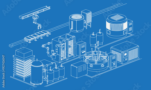 Semiconductor Fabrication Plant Interior with Advanced Machines, Electronics Manufacturing Factory, Clean Technical Outline, Industrial Vector Line Illustration, Microchip Production Facility