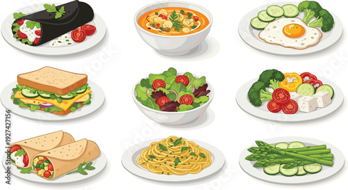 Healthy food meals collection with vegetable wraps pasta salad sandwich and breakfast eggs on plates isolated on white background for restaurant menu design.