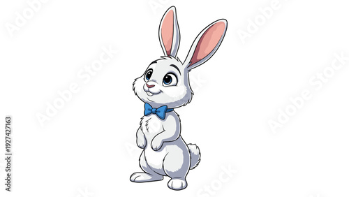 A white cartoon rabbit with a blue bowtie standing on its hind legs against a plain white background with a cheerful expression.