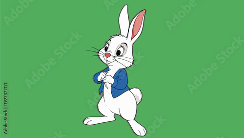 Cartoon rabbit character wearing blue shirt standing on green background with a cheerful expression.