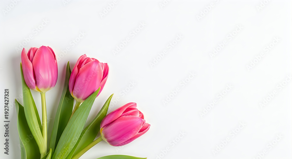 Fototapeta premium Pink tulips on white background with green leaves floral arrangement