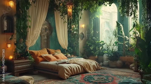 Bohemian bedroom sanctuary filled with lush green plants and natural light.