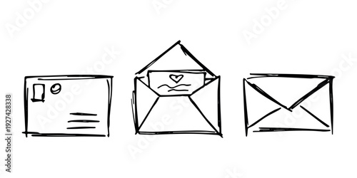 Set of hand drawn envelope with letter inside Mail and correspondence doodle Love, communication, invitation Single element for design, print, decor